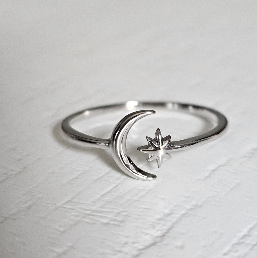 Moon Star Ring, Thin Crescent Moon Ring, Sterling Silver Women Ring, Boho Chic,